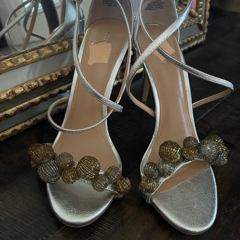 Metallic Silver Strappy Heels with Gold Accents